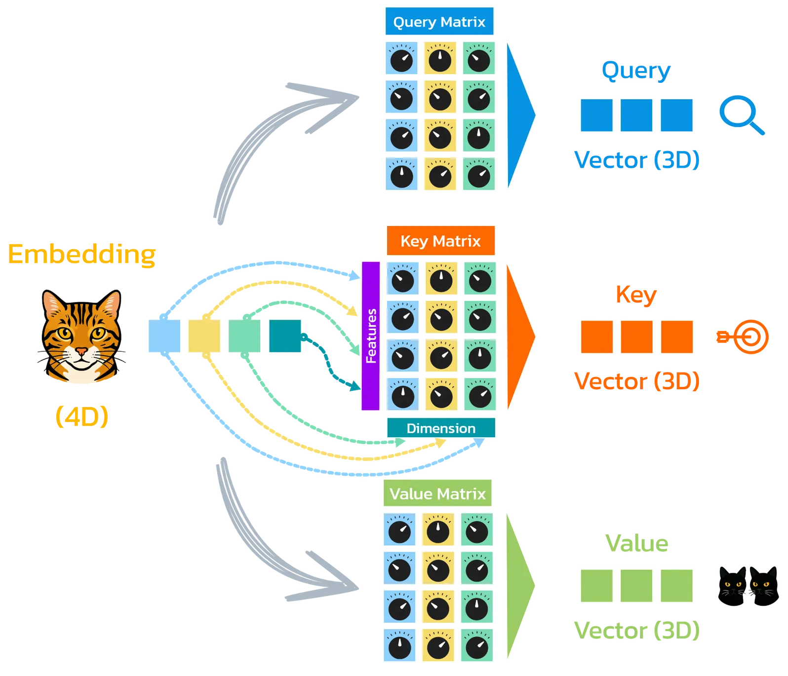 From each token, the query, key, and value vectors are created.